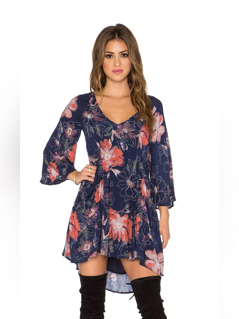 Free People Floral Navy and Orange Lined Dress Size 0 EUC